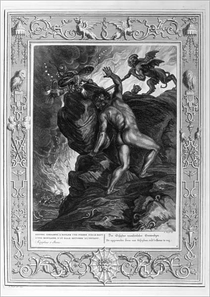 Sisyphus pushing his stone up a mountain, 1733. Artist: Bernard Picart