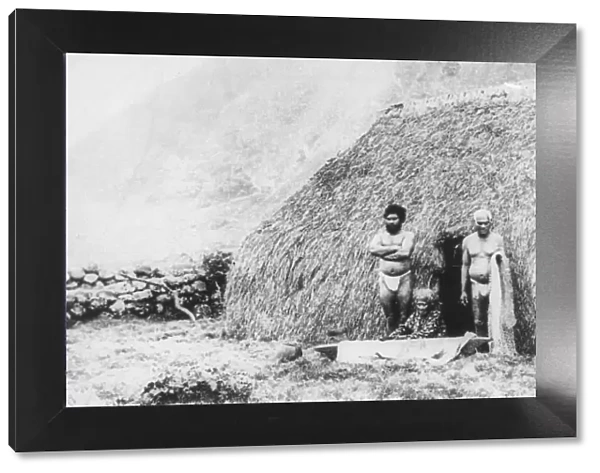 An old woman beating tapa in front of a pili grass house, Kalaupapa, Hawaii, 19th century
