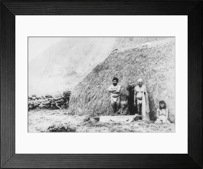 Framed Print : An old woman beating tapa in front of a pili grass house, Kalaupapa, Hawaii, 19th century Framed Print : An old woman beating tapa in front of a pili grass house, Kalaupapa, Hawaii, 19th century