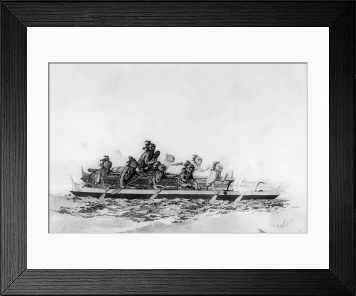 Framed Print : Masked Hawaiians in a double canoe, c1770-1793. Artist: John Webber Framed Print : Masked Hawaiians in a double canoe, c1770-1793. Artist: John Webber