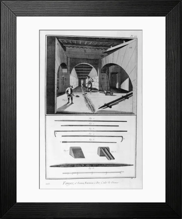Framed Print : Smelting iron furnace, pig iron mould, 1751-1777 Framed Print : Smelting iron furnace, pig iron mould, 1751-1777