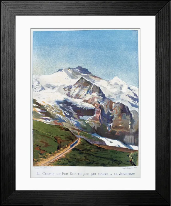 Framed Print : The electric railroad to Mount Jungfrau, Swiss Alps, 19th century. Artist: Gustave Francois Lasellaz Framed Print : The electric railroad to Mount Jungfrau, Swiss Alps, 19th century. Artist: Gustave Francois Lasellaz