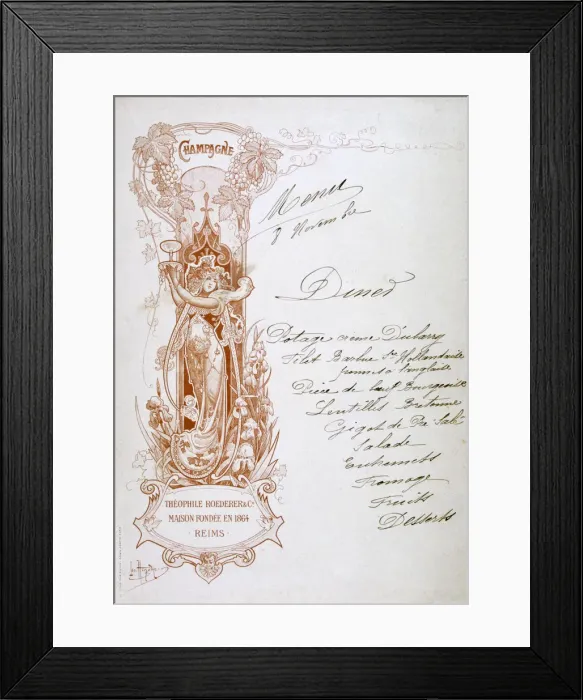 Framed Print : Champagne advertisement on a menu, 19th century Framed Print : Champagne advertisement on a menu, 19th century