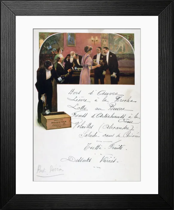 Framed Print : Heidsieck Champagne advertisement on a menu, 19th century Framed Print : Heidsieck Champagne advertisement on a menu, 19th century