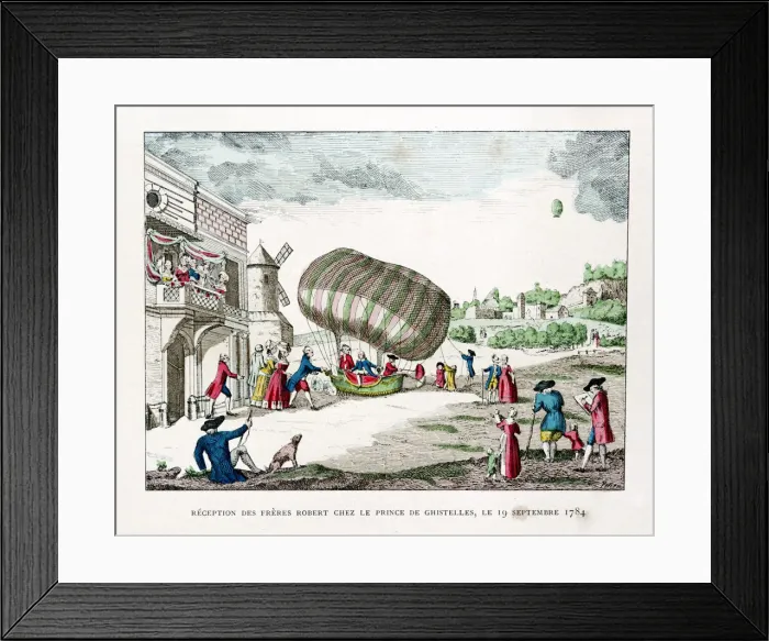 Framed Print : Reception of the Robert Brothers by the Prince of Ghistelles in 1784, (1887). Artist: Gaston Tissandier Framed Print : Reception of the Robert Brothers by the Prince of Ghistelles in 1784, (1887). Artist: Gaston Tissandier