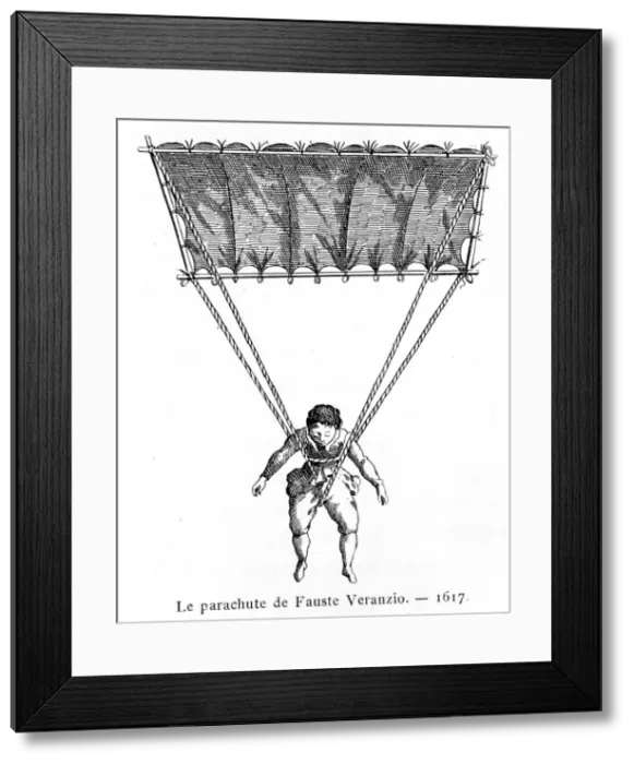 Framed Print : The Parachute of Fauste Veranzio, 1617, (1887). Artist: Gaston Tissandier