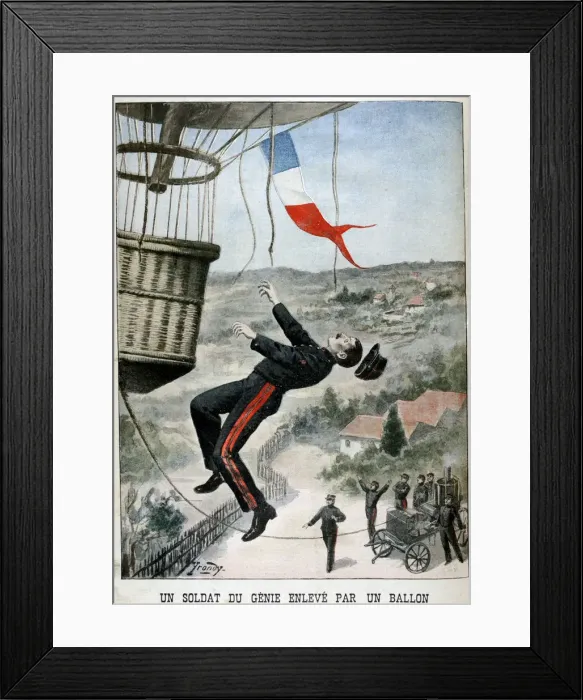 Framed Print : A soldier carried aloft by a Balloon, 1901 Framed Print : A soldier carried aloft by a Balloon, 1901