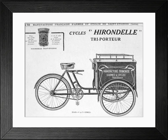 Framed Print : Hirondelle Saint Etienne delivery tricycle advertisement, 20th century Framed Print : Hirondelle Saint Etienne delivery tricycle advertisement, 20th century