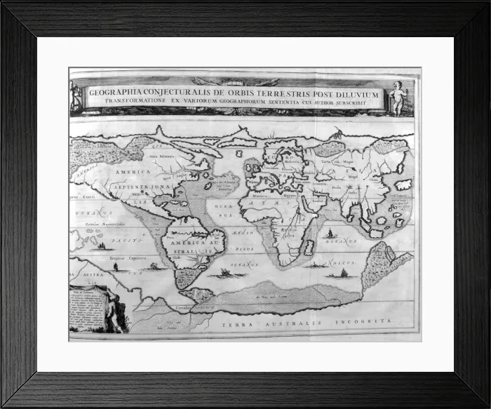 Framed Print : Geographic chart of the world after the deluge, 1675. Artist: Athanasius Kircher