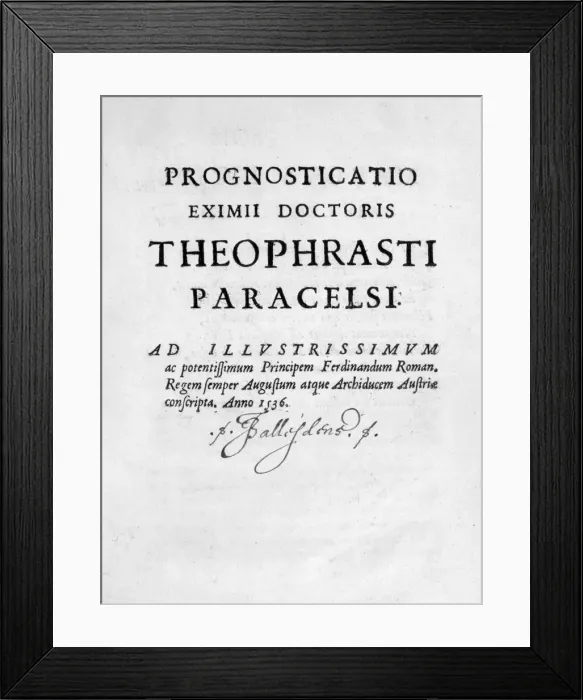 Framed Print : Title page of Prognosticatio Eximii Doctoris Paracelsi, 1536. Artist: Theophrastus Bombastus von Hohenheim Paracelsus Framed Print : Title page of Prognosticatio Eximii Doctoris Paracelsi, 1536. Artist: Theophrastus Bombastus von Hohenheim Paracelsus