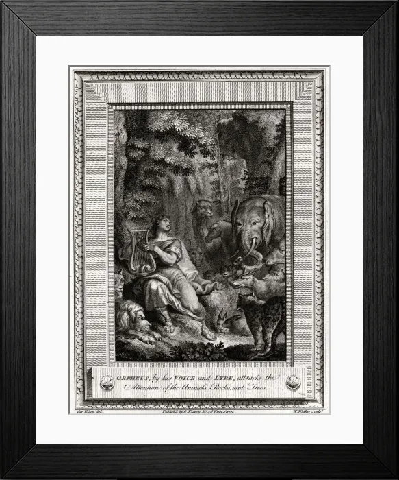 Framed Print : Orpheus, by his Voice and Lyre, attracts the attention of the Animals, Rocks and Trees, 1774. Artist: W Walker Framed Print : Orpheus, by his Voice and Lyre, attracts the attention of the Animals, Rocks and Trees, 1774. Artist: W Walker