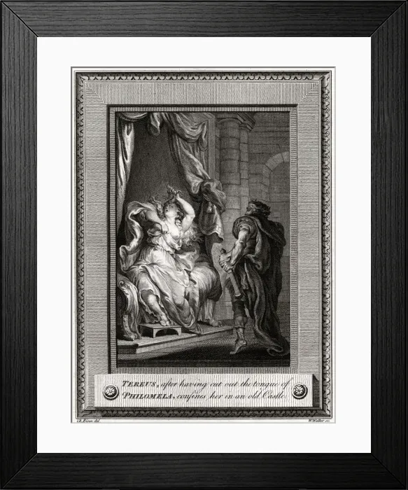 Framed Print : Tereus, after having cut the tongue of Philomela, confines her in an old Castle, 1776. Artist: W Walker Framed Print : Tereus, after having cut the tongue of Philomela, confines her in an old Castle, 1776. Artist: W Walker
