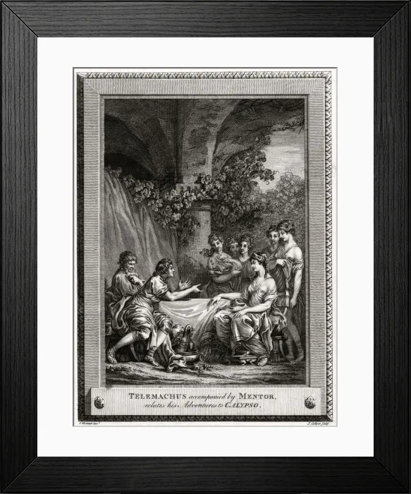 Framed Print : Telemachus accompanied by Mentor, relates his Adventures to Calypso, 1774. Artist: J Collyer Framed Print : Telemachus accompanied by Mentor, relates his Adventures to Calypso, 1774. Artist: J Collyer