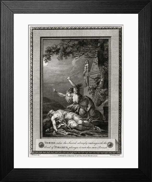 Framed Print : Thisbe takes the Sword already reeking with the blood of Pyramus, plunges it into... 1775.Artist: W Walker Framed Print : Thisbe takes the Sword already reeking with the blood of Pyramus, plunges it into... 1775.Artist: W Walker
