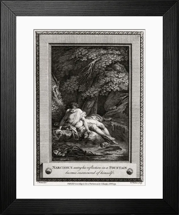Framed Print : Narcissus seeing his reflection in a Fountain becomes enamourd of himself, 1775. Artist: W Walker Framed Print : Narcissus seeing his reflection in a Fountain becomes enamourd of himself, 1775. Artist: W Walker