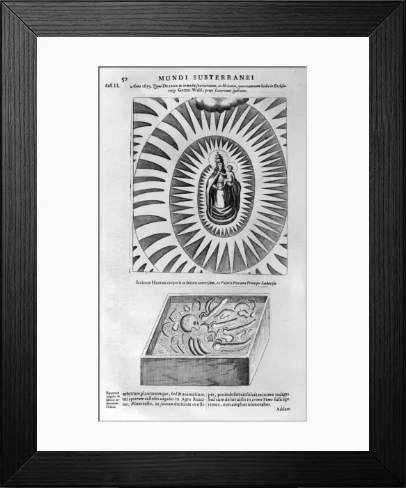 Framed Print : Virgin and child and a human skeleton, 1678. Artist: Athanasius Kircher Framed Print : Virgin and child and a human skeleton, 1678. Artist: Athanasius Kircher