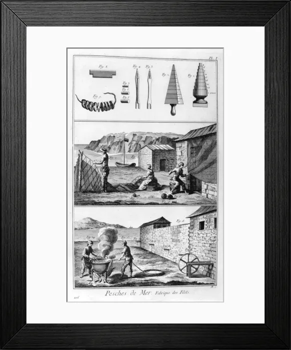 Framed Print : Sea fishing, net manufacture, 1751-1777 Framed Print : Sea fishing, net manufacture, 1751-1777