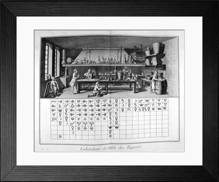 Framed Print : Laboratory and chart, 1751-1777 Framed Print : Laboratory and chart, 1751-1777