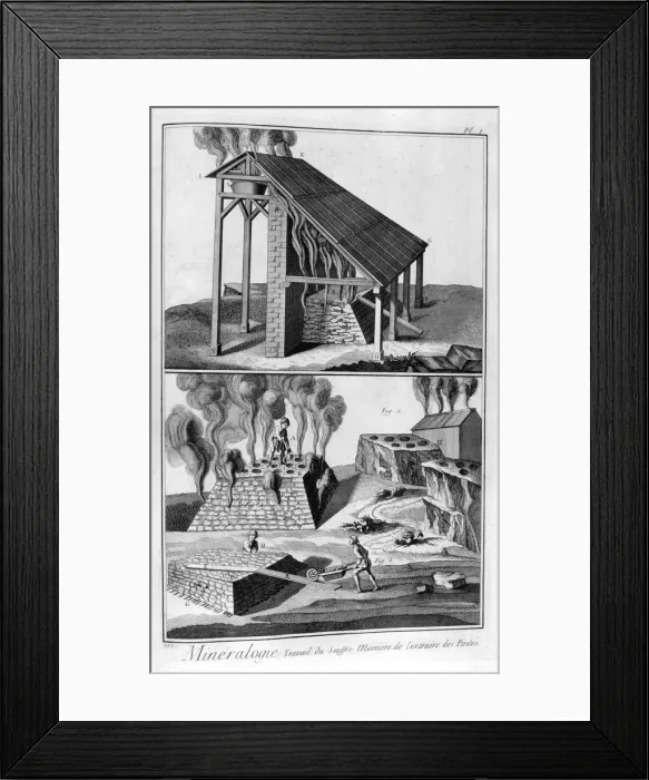 Framed Print : Mineralogy, extracting sulphur from pyrites, 1751-1777 Framed Print : Mineralogy, extracting sulphur from pyrites, 1751-1777