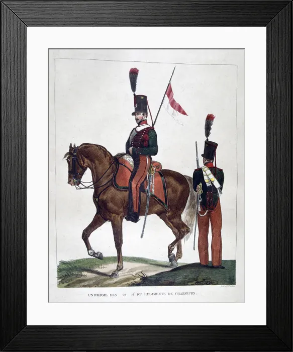 Framed Print : Uniforms of the mounted 9th and 10th chasseur regiment, 1823. Artist: Charles Etienne Pierre Motte Framed Print : Uniforms of the mounted 9th and 10th chasseur regiment, 1823. Artist: Charles Etienne Pierre Motte