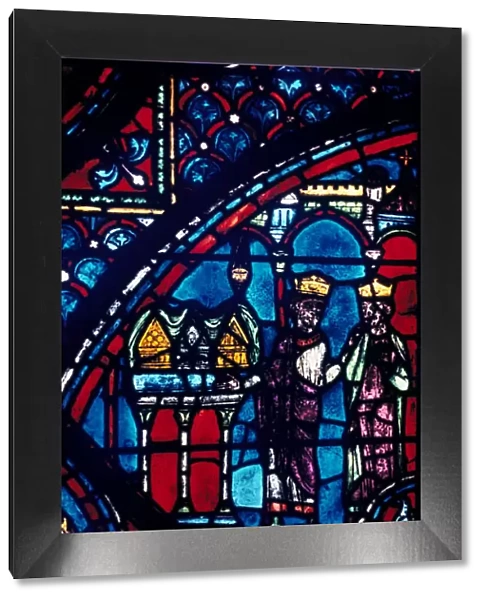 Constantine presents relics to Charlemagne, stained glass, Chartres Cathedral, France, c1225