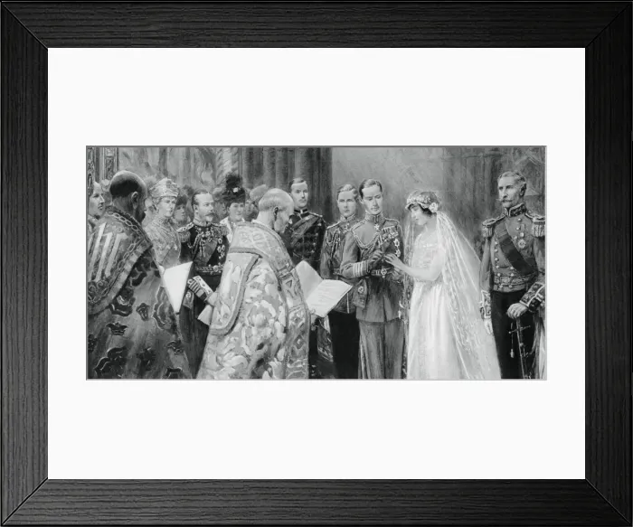 Framed Print : The Duke of York placing the ring on Lady Elizabeth Bowes-Lyons finger, 26 April 1923, (1937) Framed Print : The Duke of York placing the ring on Lady Elizabeth Bowes-Lyons finger, 26 April 1923, (1937)