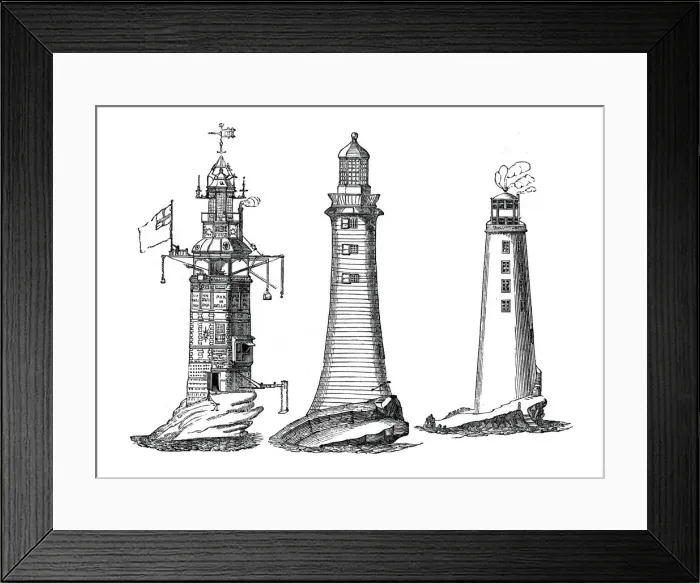 Framed Print : Winstanley, Smeaton and Rudyerd lighthouses, (1833) Framed Print : Winstanley, Smeaton and Rudyerd lighthouses, (1833)