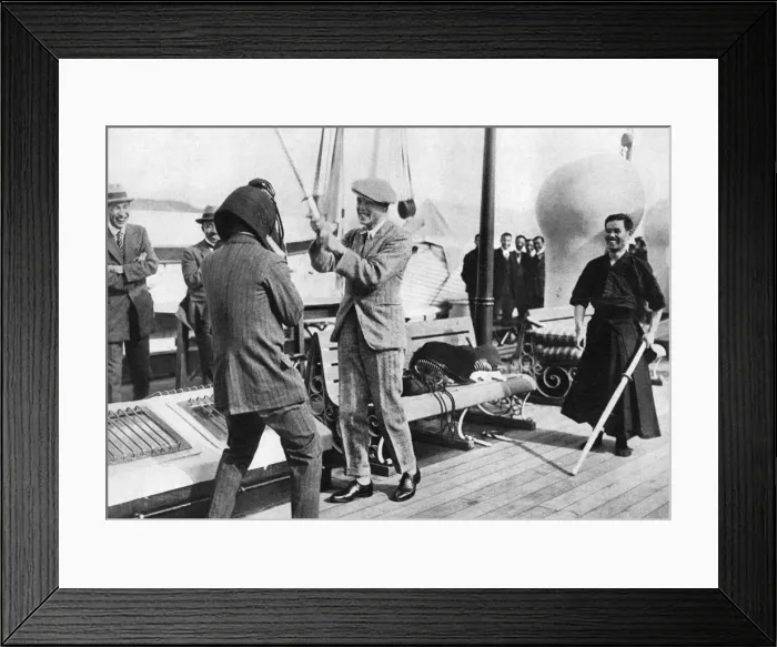 Framed Print : The Prince of Wales testing a Japanese fencing helmet, Japan, 1922