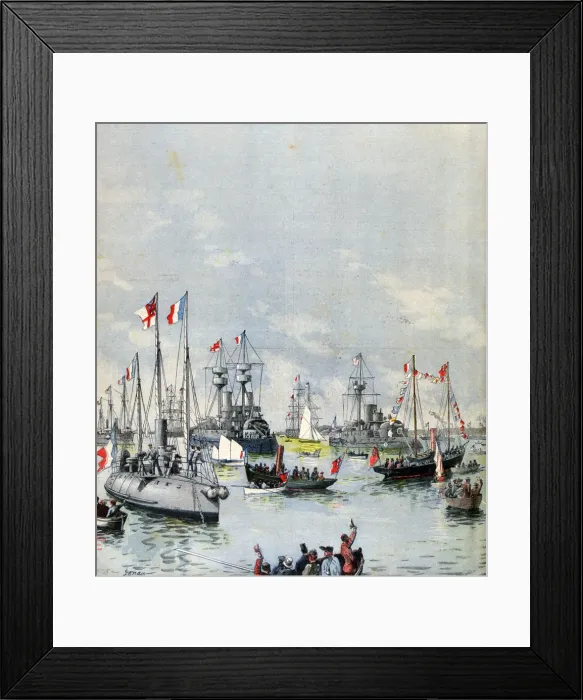 Framed Print : French Flotilla in Portsmouth Harbour, 1891. Artist: Paul Senau
