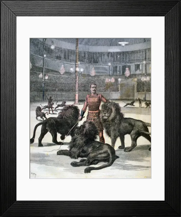 Framed Print : Lion taming at the L hippodrome, Paris, 1891. Artist: Henri Meyer Framed Print : Lion taming at the L hippodrome, Paris, 1891. Artist: Henri Meyer