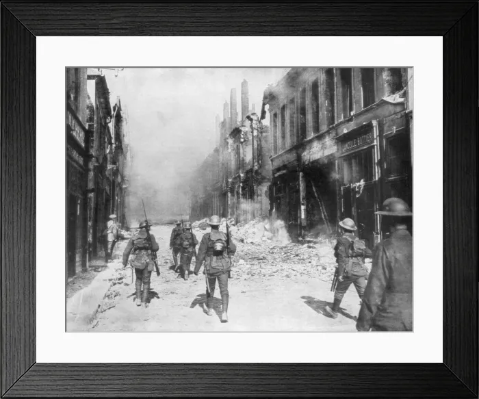 Framed Print : A British army patrol, Cambrai, France, First World War, 9 October 1918 Framed Print : A British army patrol, Cambrai, France, First World War, 9 October 1918