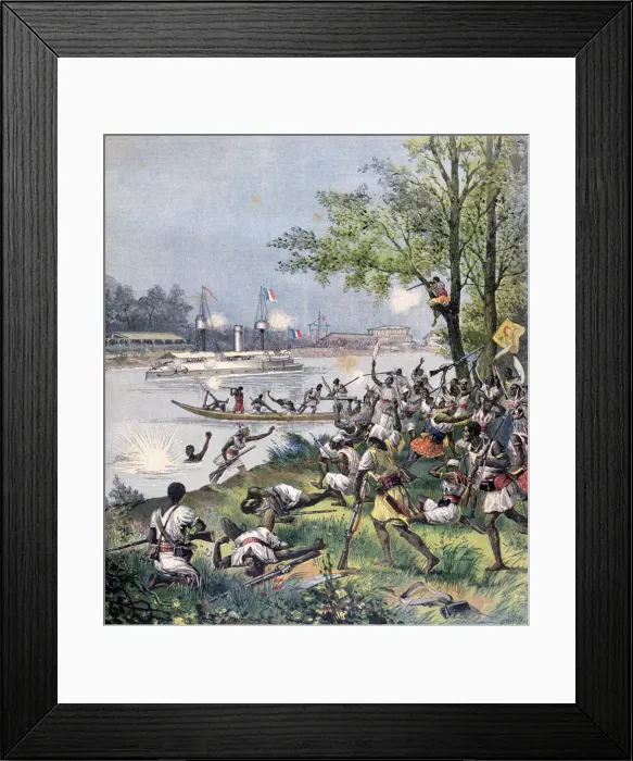 Framed Print : Attack on the Villagers of Dahomey by the French, 1892. Artist: Henri Meyer Framed Print : Attack on the Villagers of Dahomey by the French, 1892. Artist: Henri Meyer