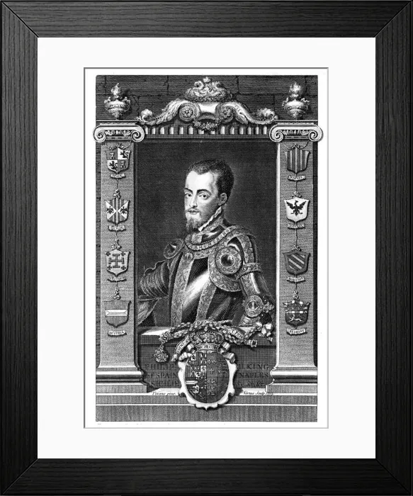 Framed Print : Philip II, King of Spain, (1735). Artist: George Vertue Framed Print : Philip II, King of Spain, (1735). Artist: George Vertue