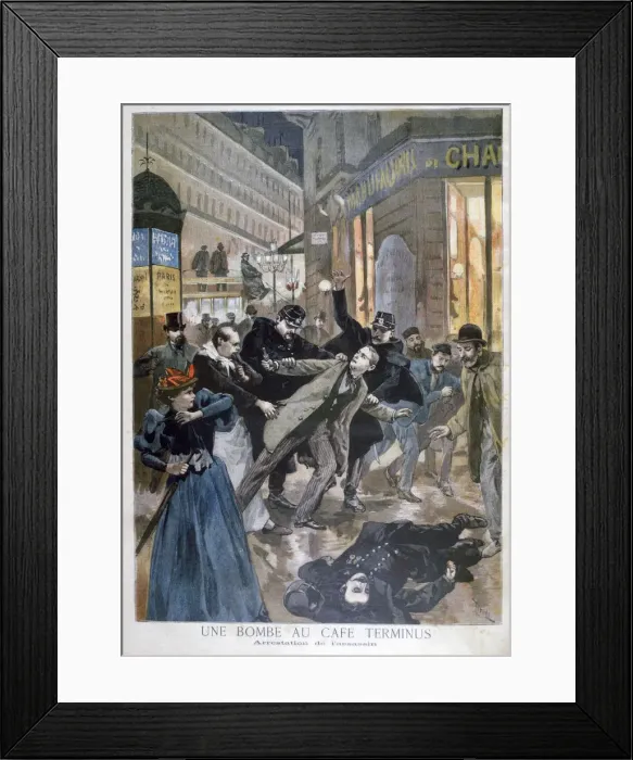 Framed Print : Arrest of the Cafe Terminus bomber, Paris, 1894. Artist: Oswaldo Tofani Framed Print : Arrest of the Cafe Terminus bomber, Paris, 1894. Artist: Oswaldo Tofani
