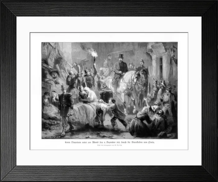 Framed Print : Louis Napoleon Bonaparte viewing the barricades of Paris, (4th December 1851), 1900. Artist: G Bartsch