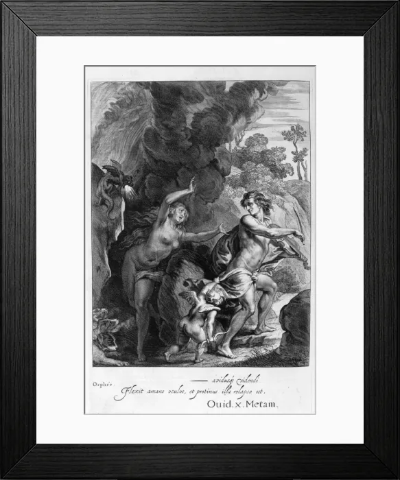 Framed Print : Orpheus, leading Eurydice out of Hell, looks back upon her and loses her forever, 1655. Artist: Michel de Marolles Framed Print : Orpheus, leading Eurydice out of Hell, looks back upon her and loses her forever, 1655. Artist: Michel de Marolles