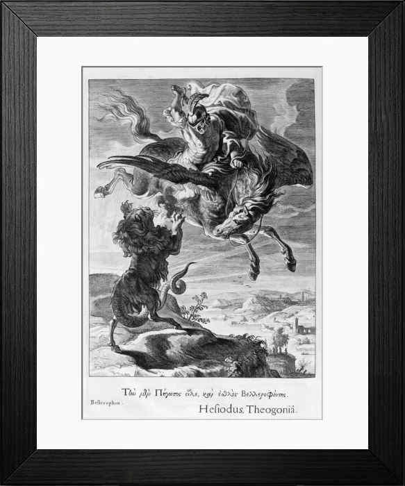 Framed Print : Bellerophon fights the Chimera, 1655. Artist: Michel de Marolles Framed Print : Bellerophon fights the Chimera, 1655. Artist: Michel de Marolles