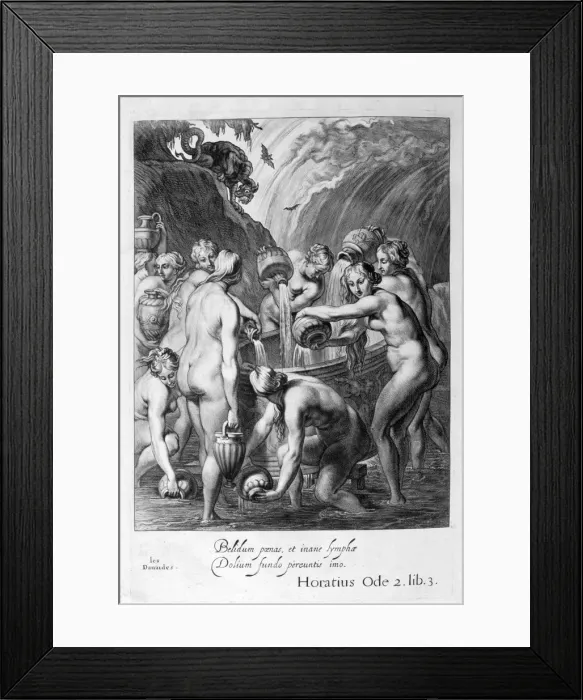 Framed Print : The Danaides condemned to fill bored vessels with water, 1655. Artist: Michel de Marolles Framed Print : The Danaides condemned to fill bored vessels with water, 1655. Artist: Michel de Marolles