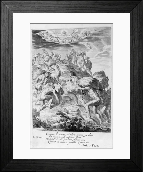 Framed Print : The giants attempt to scale Heaven by piling mountains upon one another, 1655. Artist: Michel de Marolles Framed Print : The giants attempt to scale Heaven by piling mountains upon one another, 1655. Artist: Michel de Marolles