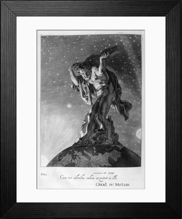 Framed Print : Atlas Supports the Heavens on his Shoulders, 1655. Artist: Michel de Marolles Framed Print : Atlas Supports the Heavens on his Shoulders, 1655. Artist: Michel de Marolles