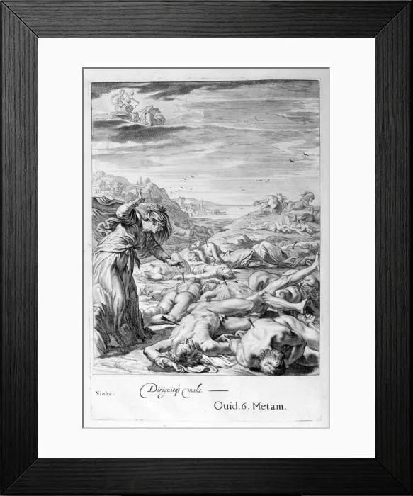 Framed Print : Apollo and Diana kill Niobes Children with their arrows: she is turned to stone, 1655. Artist: Michel de Marolles Framed Print : Apollo and Diana kill Niobes Children with their arrows: she is turned to stone, 1655. Artist: Michel de Marolles