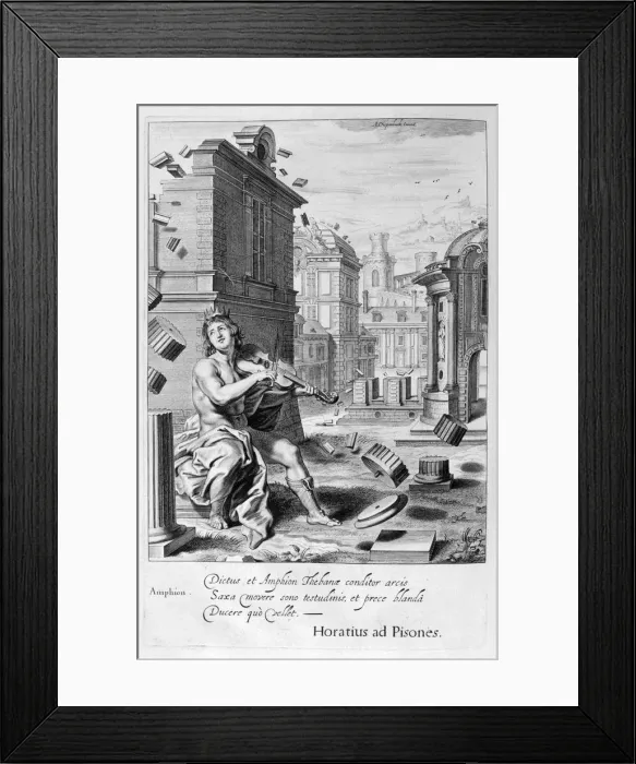 Framed Print : Amphion builds the walls of Thebes by the music of his violin, 1655. Artist: Michel de Marolles Framed Print : Amphion builds the walls of Thebes by the music of his violin, 1655. Artist: Michel de Marolles