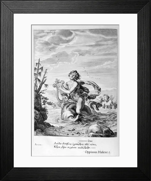 Framed Print : Arion saved by a dolphin, 1655. Artist: Michel de Marolles Framed Print : Arion saved by a dolphin, 1655. Artist: Michel de Marolles