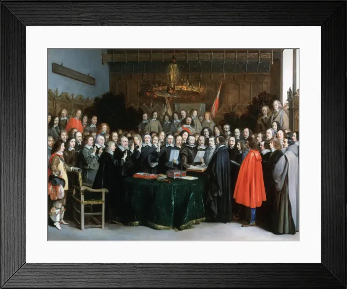 Framed Print : The Swearing of the Oath of Ratification of the Treaty of Munster, 1648. Artist: Gerard Terborch II Framed Print : The Swearing of the Oath of Ratification of the Treaty of Munster, 1648. Artist: Gerard Terborch II