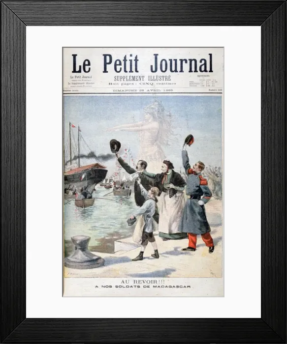 Framed Print : Goodbye!!, French soldiers on the way to Madagascar, 1895. Artist: F Meaulle Framed Print : Goodbye!!, French soldiers on the way to Madagascar, 1895. Artist: F Meaulle