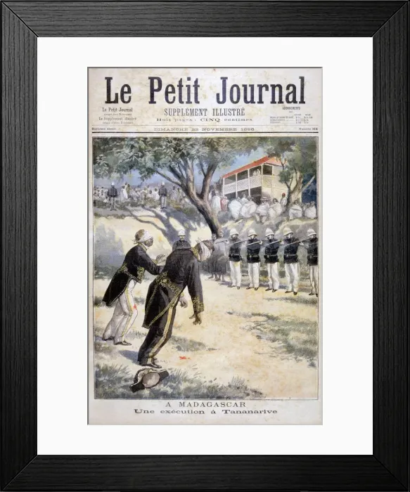 Framed Print : Execution by firing squad in Tananarive, (Antananarivo), Madagascar, 1896. Artist: F Meaulle Framed Print : Execution by firing squad in Tananarive, (Antananarivo), Madagascar, 1896. Artist: F Meaulle