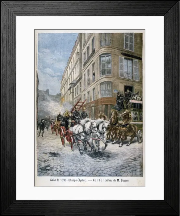 Framed Print : Fire engine on the way to a fire, Paris, 1896. Artist: G Busson
