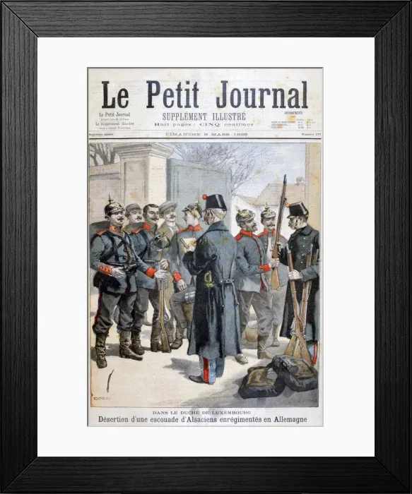 Framed Print : Desertion of an Alsatian squad enlisted in Germany, Duchy of Luxembourg, 1896. Artist: Georges Carrey Framed Print : Desertion of an Alsatian squad enlisted in Germany, Duchy of Luxembourg, 1896. Artist: Georges Carrey