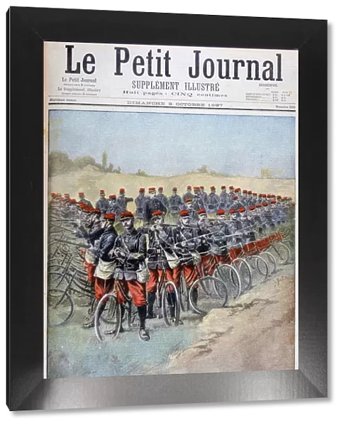 French Army bicycle corps in a square on manoeuvres, France, 1897. Artist: Henri Meyer