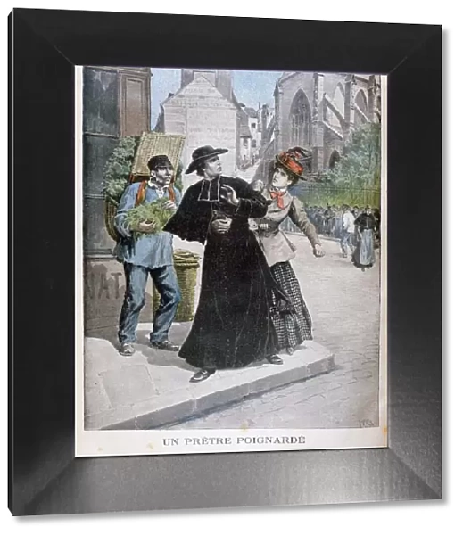 A Catholic priest is stabbed by a woman on the street, France, 1897. Artist: Henri Meyer